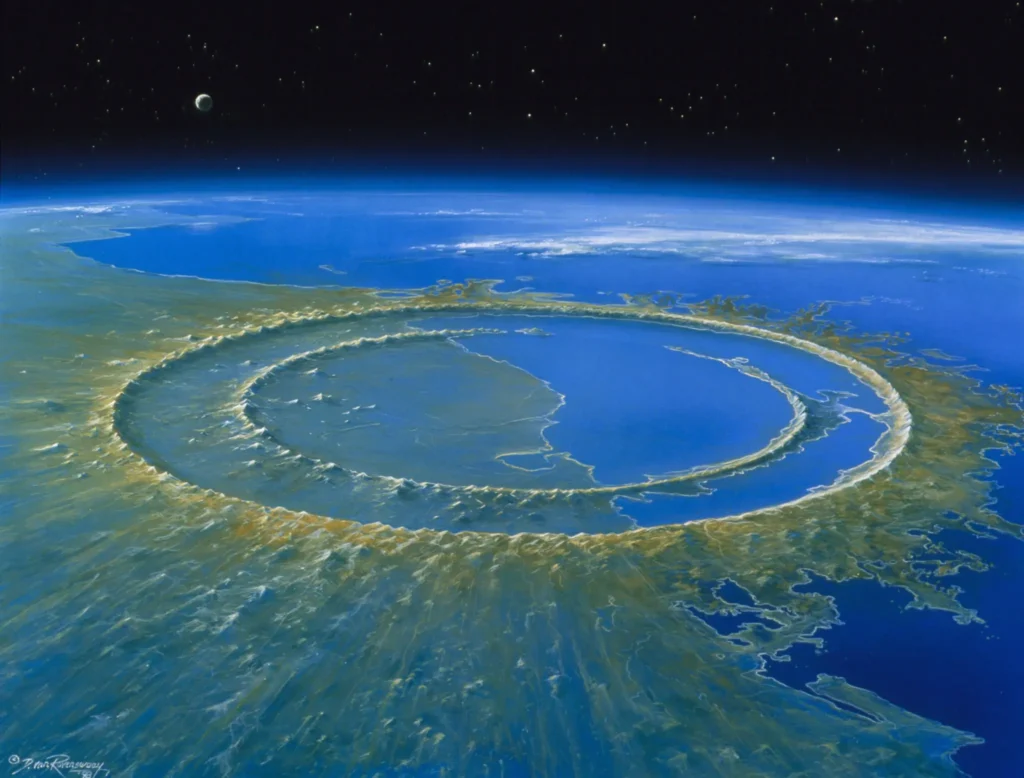 Un artista ricrea il Chicxulub crater dopo l'impatto dell'asteroide nella Penisola dello Yucatán in Mexico. Credit:Detlev van Ravenswaay/Science Source